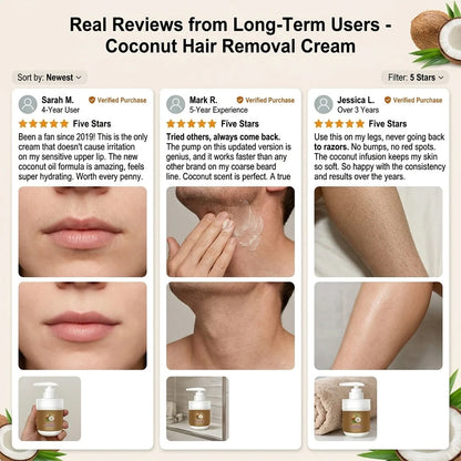 🥥 Painless Hair Removal — Face, Underarms, Legs, & Intimate Areas — Gentle Growth Inhibition: Coconut Hair Removal Cream